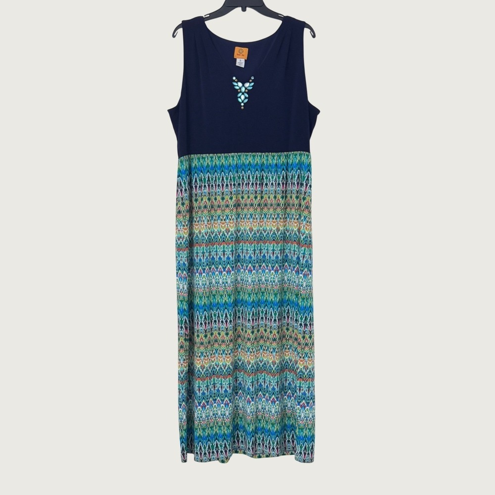 Ruby Rd Maxi Dress Beaded V-Neck Women XL Geometric Ikat Print